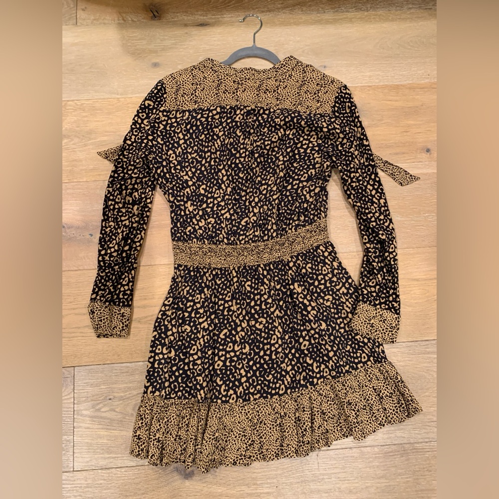 ZARA Leopard Print Festival Boho Date Night Long Sleeve Dress Tan Black Size M - Picture 4 of 8